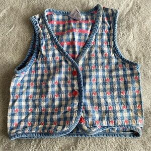 Vintage 90s OshKosh B'Gosh Vest Girls Size 5 Blue White Gingham Front Hearts USA